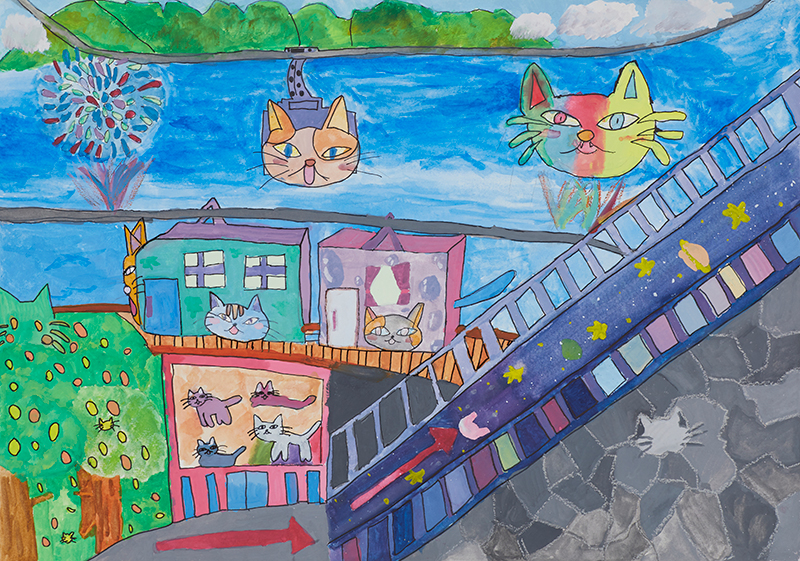 うちゅうにつながる坂・ネコの町［38×54cm］