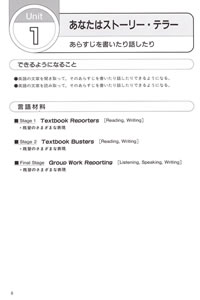 まず、そのUnitで「できるようになること」を明示しています。これにより授業の中でどのような点を評価するかということも明確になります。