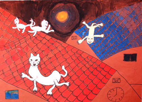 やねの上の白いねこ