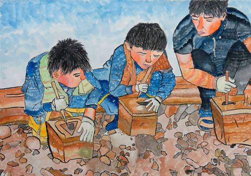 初めて七輪を作っている３人