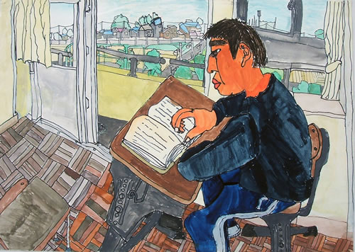静かな教室　本を読む友達
