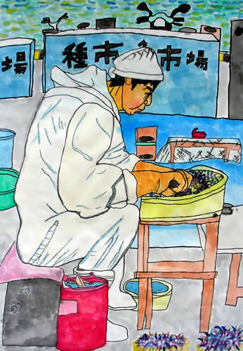 ウニの殻割り