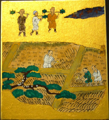 洛中洛外図屏風上杉本模写～左隻第六扇　稲刈りの場面
