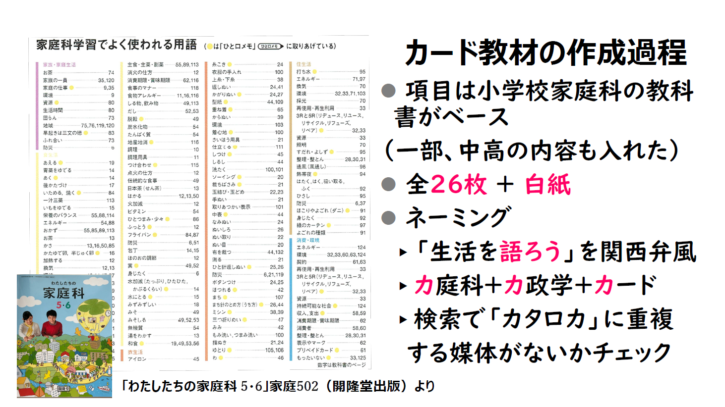 カード教材の作成過程。項目は小学校家庭科の教科書がベース（一部、中高の内容も入れた）、全26枚＋白紙、ネーミングは「生活を語ろう」を関西弁風にした「カ庭科＋カ政学＋カード」。左は「わたしたちの家庭科5・6」家庭502（開隆堂出版）の索引ページ