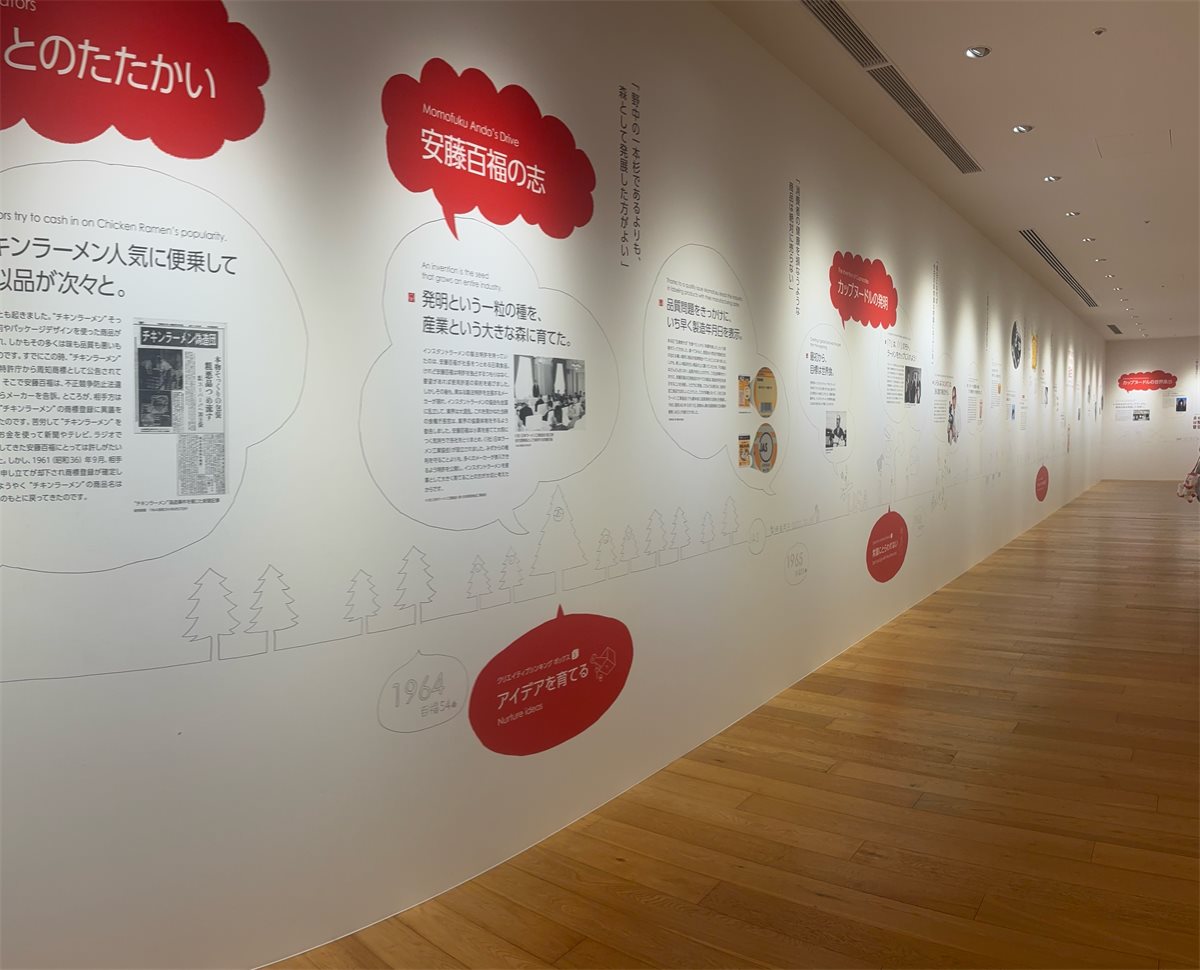 壁沿いに安藤百福の足跡を紹介する展示が続く「安藤百福ヒストリー」