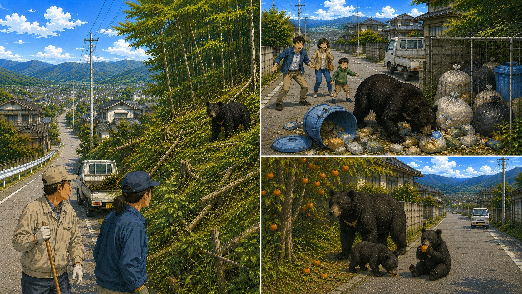 住宅地に接する山林に現れたクマ、ゴミ置き場をあさるクマ、放置された柿の木に集まる親子グマ
