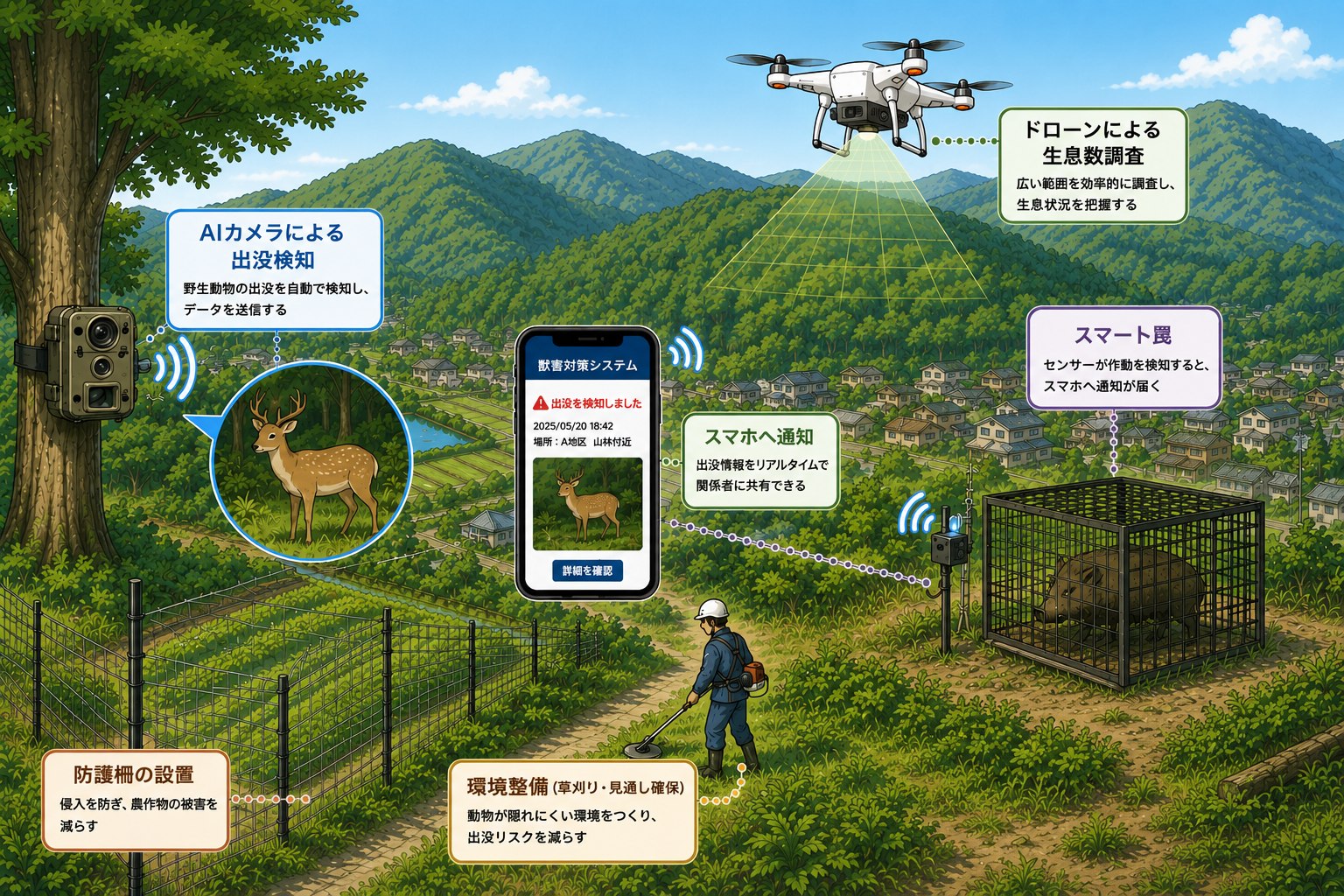 AIカメラによる出没検知、ドローンによる生息数調査、スマート罠、スマホへの通知、防護柵の設置、環境整備を組み合わせた獣害対策システムの図