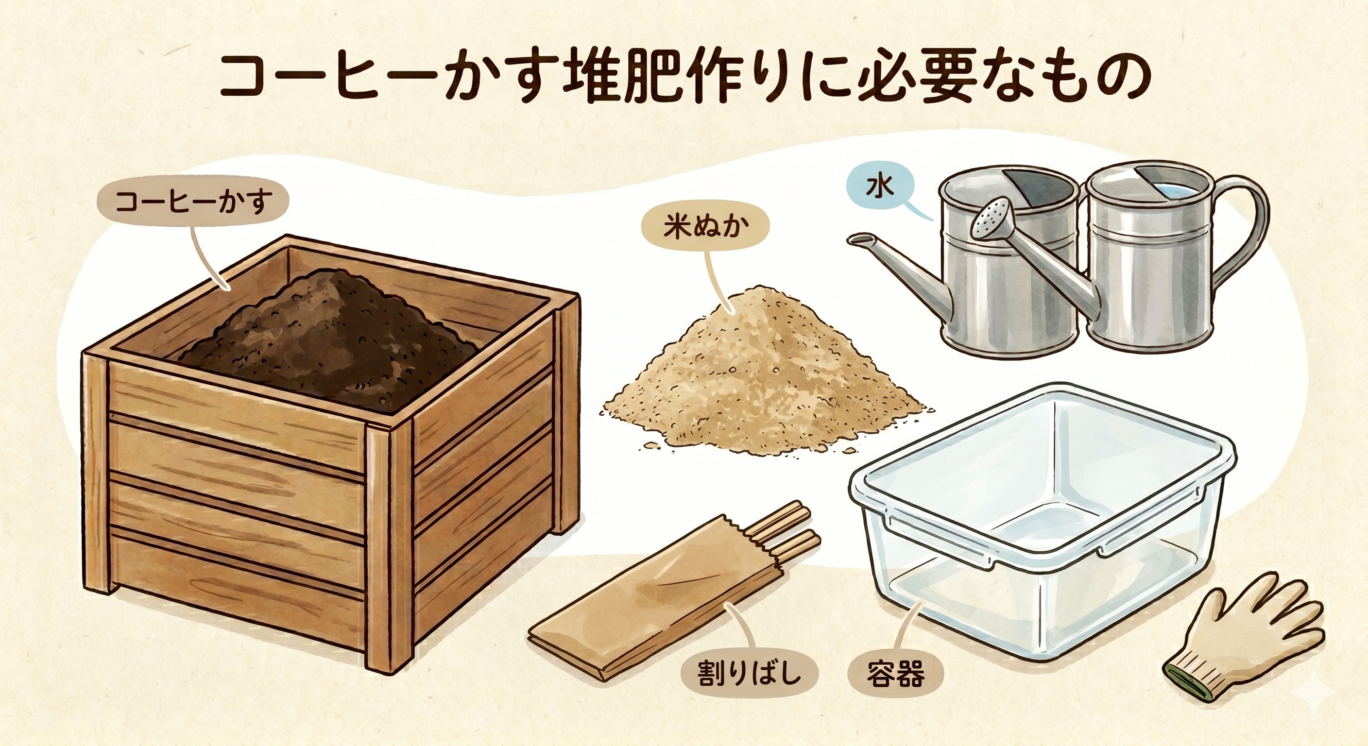 コーヒーかす堆肥作りに必要なもの。コーヒーかす、米ぬか、水、割りばし、容器、手袋のイラスト