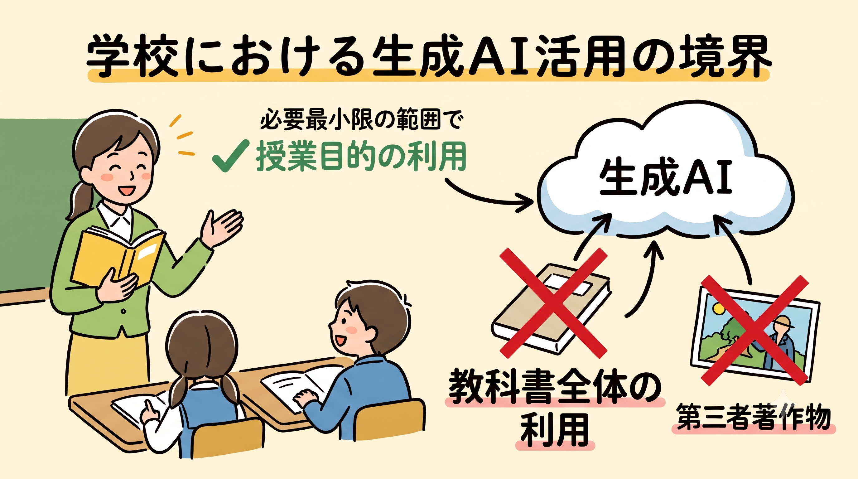 学校における生成AI活用の境界　必要最小限の範囲で授業目的の利用はOK、教科書全体の利用や第三者著作物の入力はNG